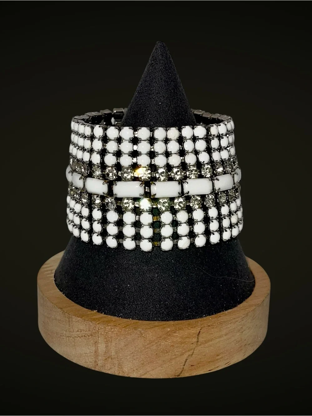 Stunning Vintage MidCentury Milk Glass and Rhinestone Statement Bracelet Estate